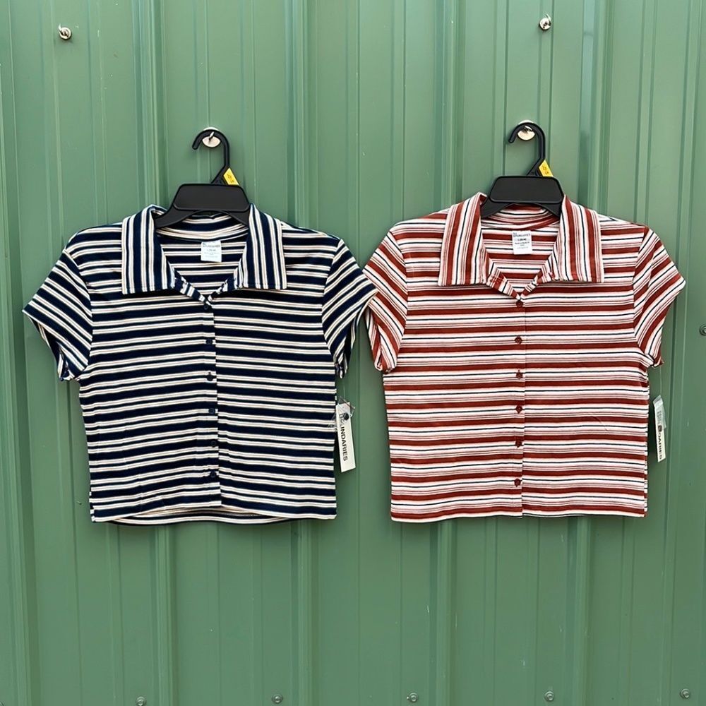 Button Front Cropped Striped Polo Shirt 2-Pack Size M